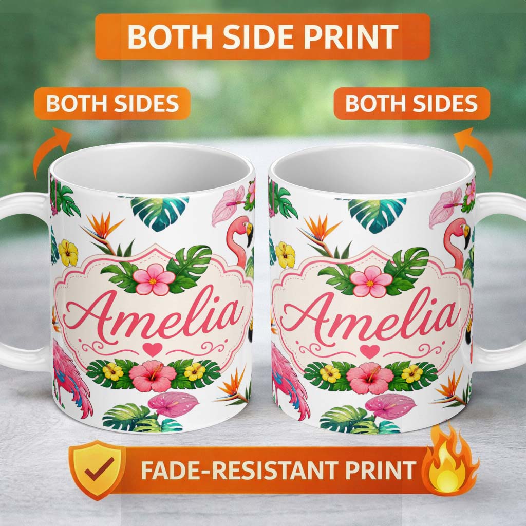 Personalized Custom Name Tropical Flamingo Bird with Exotic Flowers Leaves Light Grey Lovely 11oz Ceramic Coffee Tea Mug White Large Handle