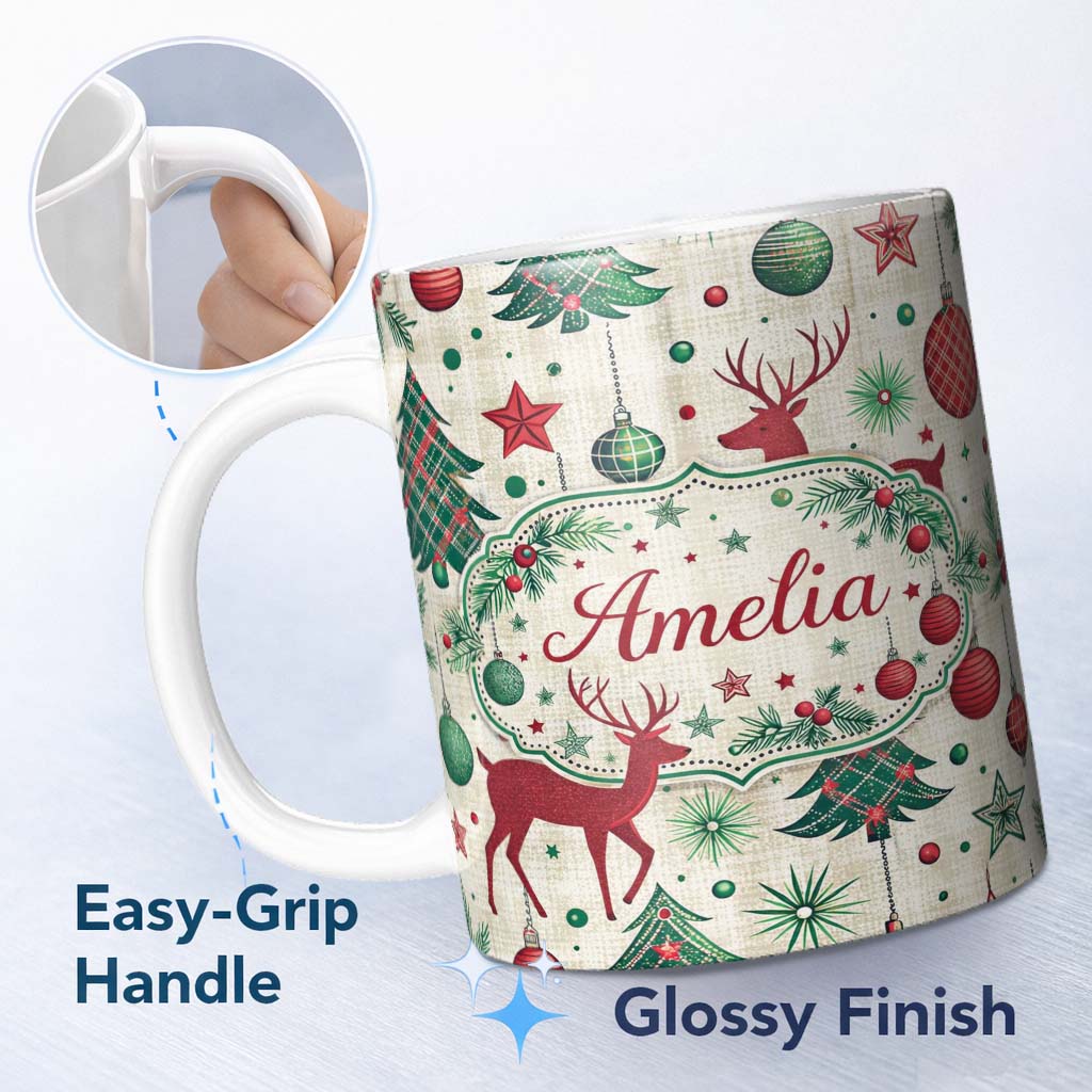Personalized Custom Name Red Reindeer Christmas Ornaments Festive Seamless Pattern Lovely 11oz Ceramic Coffee Tea Mug White Large Handle