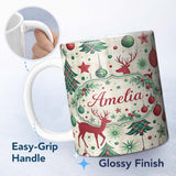 Personalized Custom Name Red Reindeer Christmas Ornaments Festive Seamless Pattern Lovely 11oz Ceramic Coffee Tea Mug White Large Handle