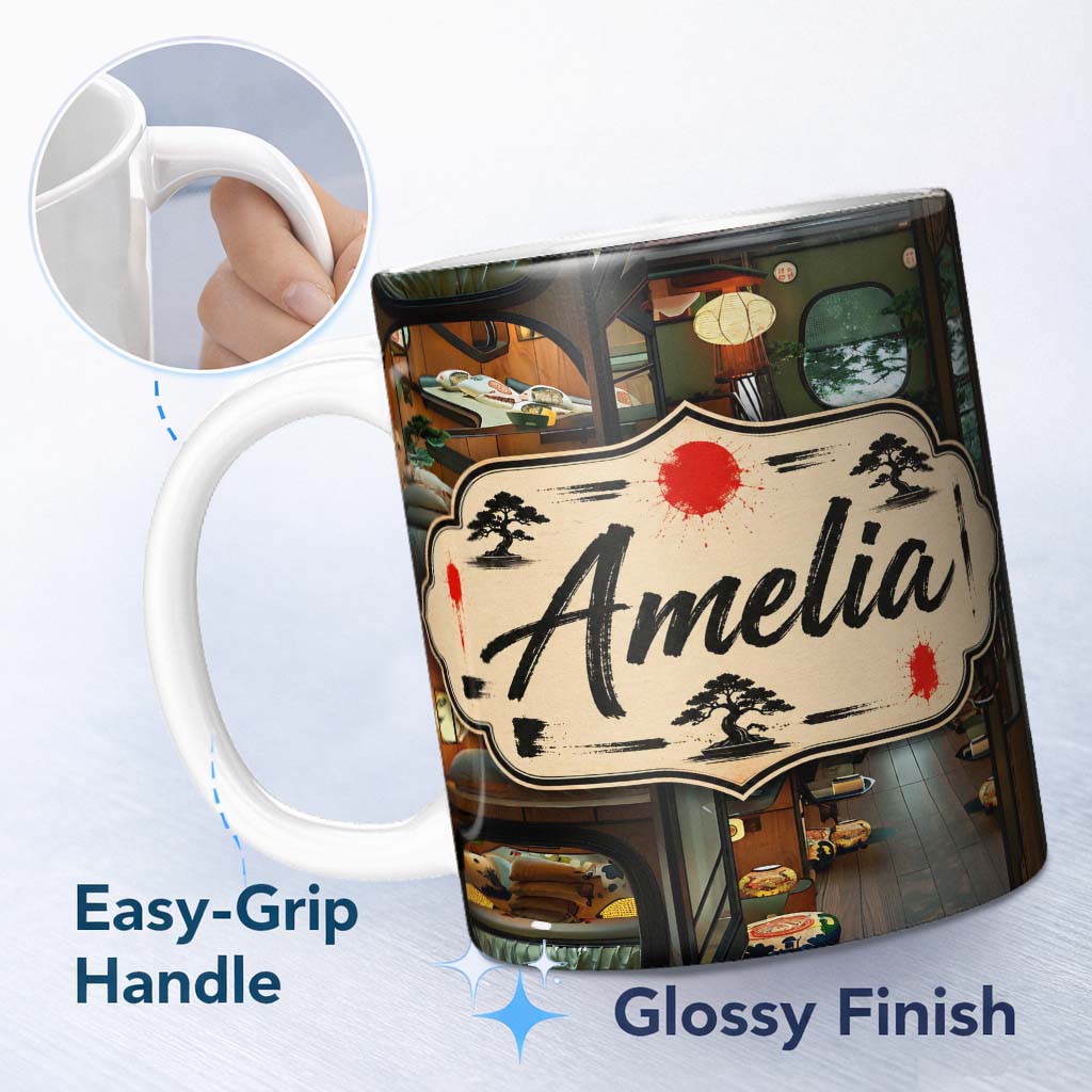Personalized Custom Name Modern Japanese Capsule Hotel Interior with Wooden Details Compact 11oz Ceramic Coffee Tea Mug White Large Handle