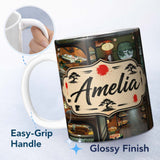 Personalized Custom Name Modern Japanese Capsule Hotel Interior with Wooden Details Compact 11oz Ceramic Coffee Tea Mug White Large Handle