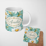 Personalized Custom Name Watercolor White Daisy Floral Seamless Pattern on Teal Background 11oz Ceramic Coffee Tea Mug White Large Handle