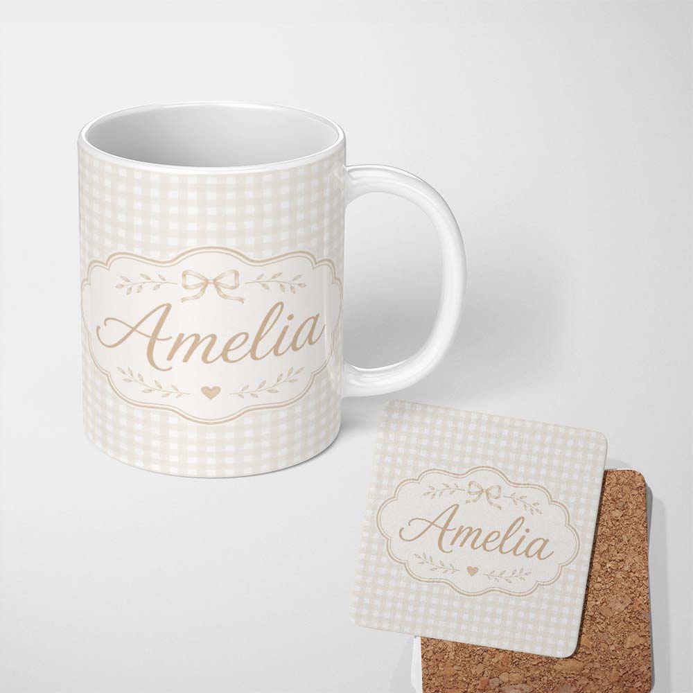 Personalized Custom Name Minimalist Neutral Gingham Check Pattern with Soft Texture Seamless 11oz Ceramic Coffee Tea Mug White Large Handle