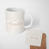 Personalized Custom Name Minimalist Neutral Gingham Check Pattern with Soft Texture Seamless 11oz Ceramic Coffee Tea Mug White Large Handle