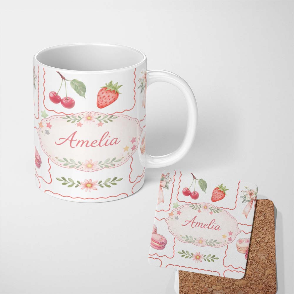 Personalized Custom Name Strawberry Cherry Bow Seamless Pattern Coral Frame Cute Coquette 11oz Ceramic Coffee Tea Mug White Large Handle