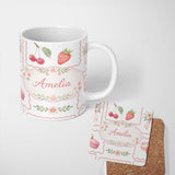 Personalized Custom Name Strawberry Cherry Bow Seamless Pattern Coral Frame Cute Coquette 11oz Ceramic Coffee Tea Mug White Large Handle