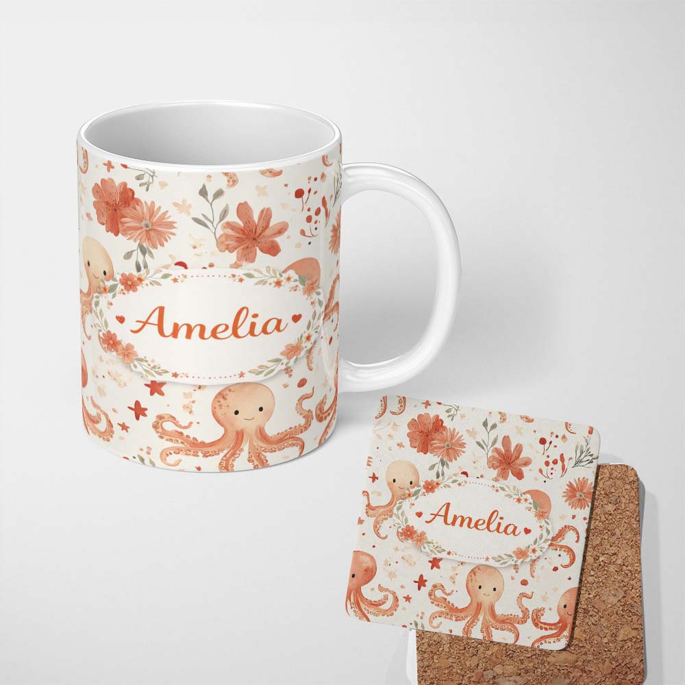 Personalized Custom Name Cute Octopus and Floral Watercolor Seamless Pattern Cute Unique Gift 11oz Ceramic Coffee Tea Mug White Large Handle