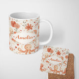 Personalized Custom Name Cute Octopus and Floral Watercolor Seamless Pattern Cute Unique Gift 11oz Ceramic Coffee Tea Mug White Large Handle