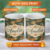 Personalized Custom Name Rustic Autumn Floral Pattern with Warm and Deep Green Seamless 11oz Ceramic Coffee Tea Mug White Large Handle