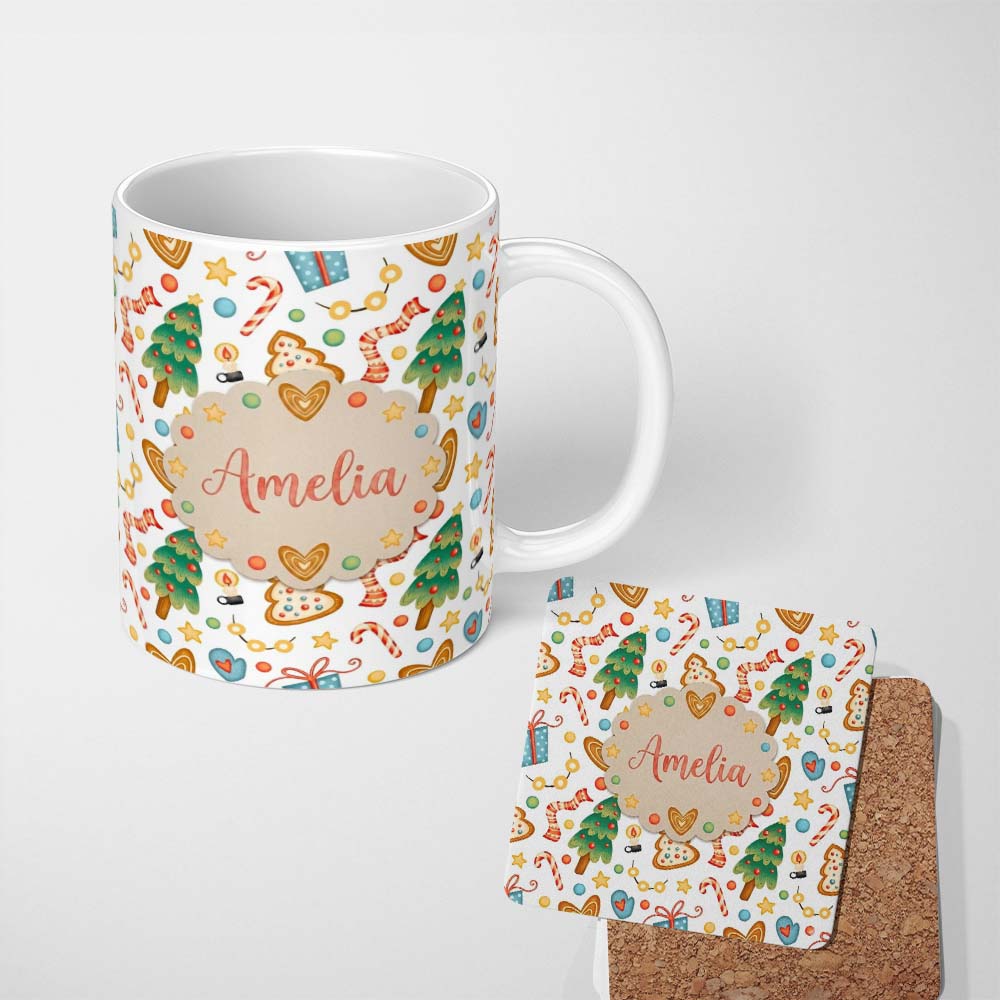 Personalized Custom Name Christmas Tree Candy Cane Cookies Stars Gift Festive Seamless Lovely 11oz Ceramic Coffee Tea Mug White Large Handle