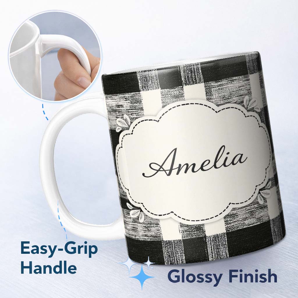 Personalized Custom Name Textured Brush Check Black Cream Abstract Grid Pattern Lovely 11oz Ceramic Coffee Tea Mug White Large Handle