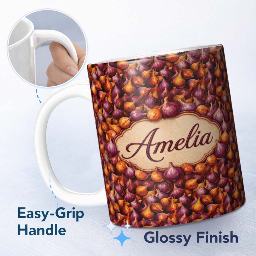 Personalized Custom Name Rich Onion Harvest Seamless Pattern Deep Red and Gold Rustic Style 11oz Ceramic Coffee Tea Mug White Large Handle