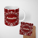 Personalized Custom Name Traditional Red White Christmas Tree Knit Seamless Pattern Lovely 11oz Ceramic Coffee Tea Mug White Large Handle