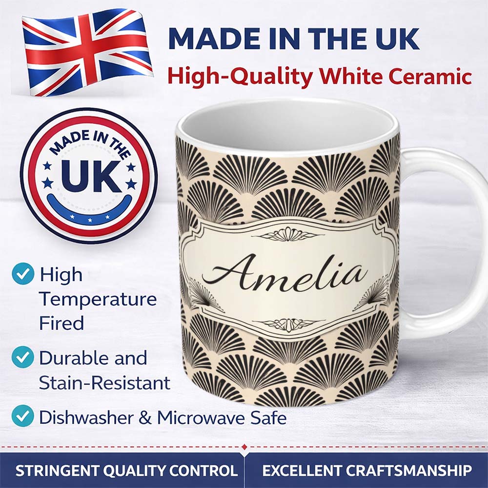 Personalized Custom Name Scallop Fan Shell Black Cream Art Deco Pattern Perfect Gift for Her 11oz Ceramic Coffee Tea Mug White Large Handle