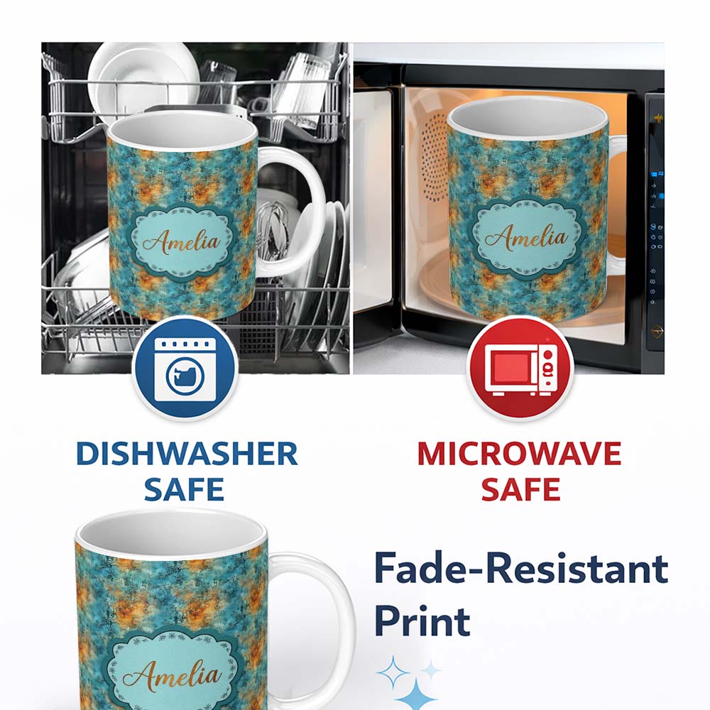 Personalized Custom Name Teal Orange Grunge Floral Texture Seamless Pattern Cute Unique Gift 11oz Ceramic Coffee Tea Mug White Large Handle