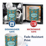 Personalized Custom Name Teal Orange Grunge Floral Texture Seamless Pattern Cute Unique Gift 11oz Ceramic Coffee Tea Mug White Large Handle