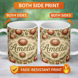 Personalized Custom Name Vintage Style Red Protea Floral Seamless Pattern Cute Unique Gift 11oz Ceramic Coffee Tea Mug White Large Handle
