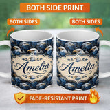 Personalized Custom Name Detailed Blue Tone Eagle Wildlife Seamless Pattern Cute Unique Gift 11oz Ceramic Coffee Tea Mug White Large Handle
