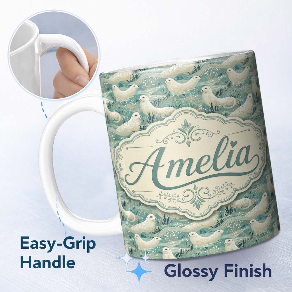 Personalized Custom Name Elegant Swimming Seals in Ocean Waves Teal Decorative Seamless 11oz Ceramic Coffee Tea Mug White Large Handle
