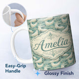 Personalized Custom Name Elegant Swimming Seals in Ocean Waves Teal Decorative Seamless 11oz Ceramic Coffee Tea Mug White Large Handle