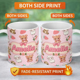 Personalized Custom Name Cute Bear Sloth Lamb Cherry Strawberry Seamless Pattern on Light 11oz Ceramic Coffee Tea Mug White Large Handle