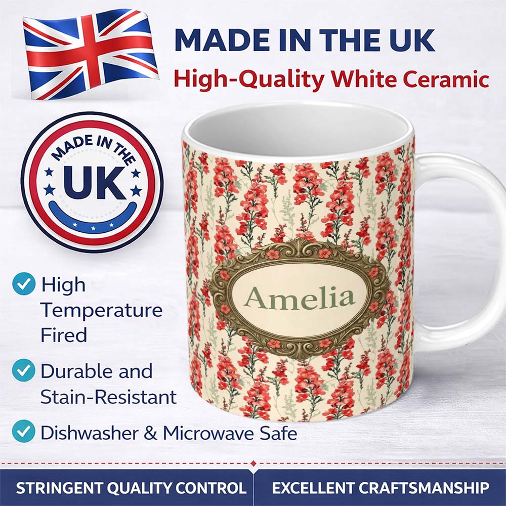 Personalized Custom Name Soft Coral Floral Vertical on Neutral Background Elegant Botanical 11oz Ceramic Coffee Tea Mug White Large Handle