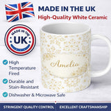 Personalized Custom Name Gold Snowflake Pattern White Background Seamless Cute Unique Gift 11oz Ceramic Coffee Tea Mug White Large Handle