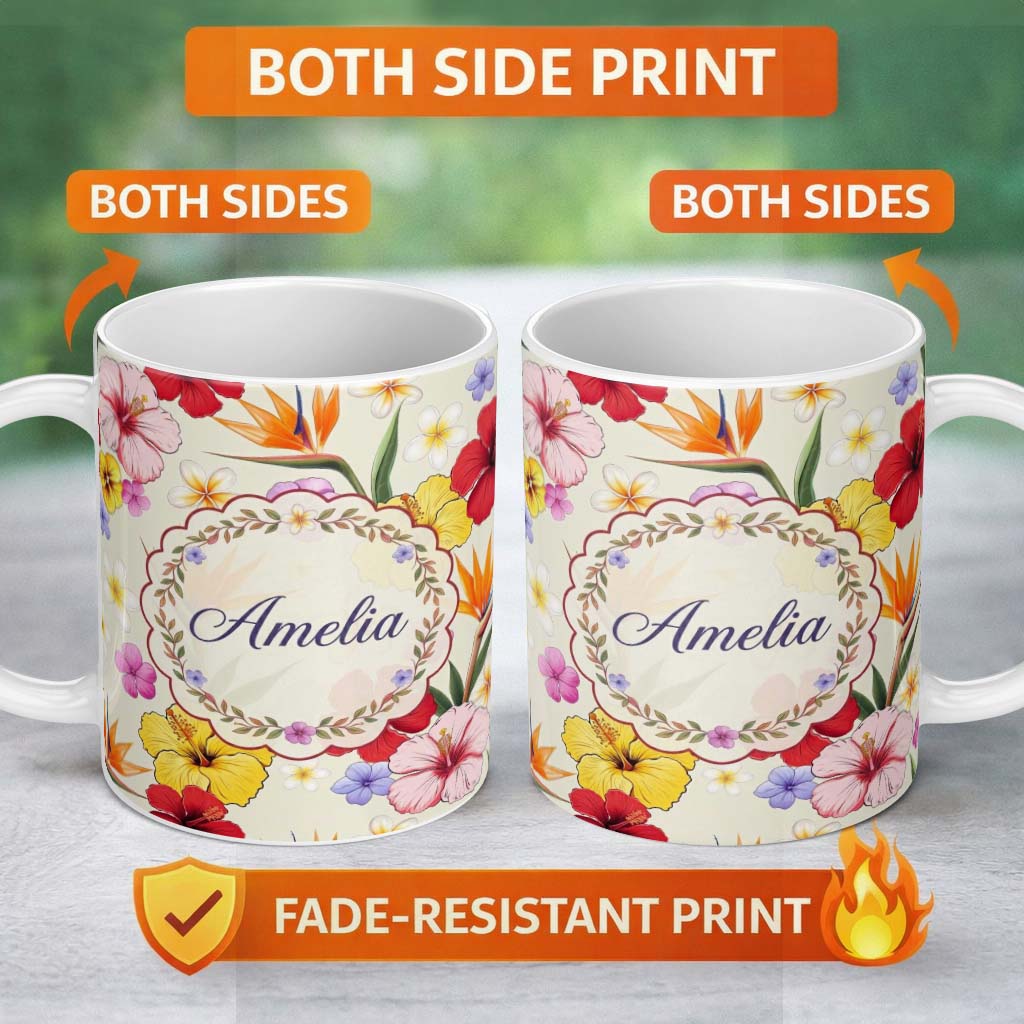 Personalized Custom Name Tropical Hibiscus and Bird of Paradise Floral Seamless Pattern 11oz Ceramic Coffee Tea Mug White Large Handle