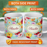 Personalized Custom Name Tropical Hibiscus Bird of Paradise Seamless Pattern Teal Background 11oz Ceramic Coffee Tea Mug White Large Handle