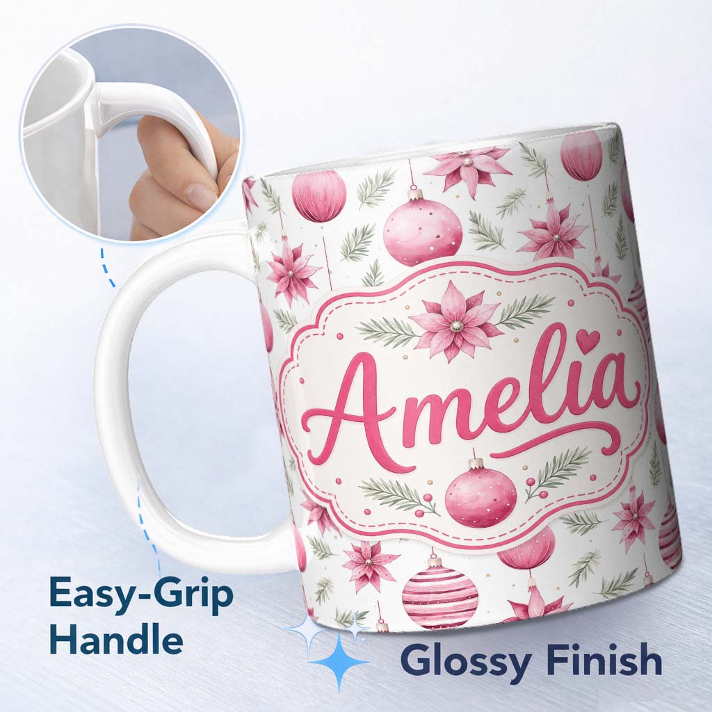 Personalized Custom Name Watercolor Pink Christmas Baubles Poinsettia Floral Seamless  11oz Ceramic Coffee Tea Mug White Large Handle
