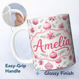 Personalized Custom Name Watercolor Pink Christmas Baubles Poinsettia Floral Seamless  11oz Ceramic Coffee Tea Mug White Large Handle