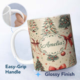 Personalized Custom Name Vintage Christmas Tree with Red Bows Ornaments and Snowflakes 11oz Ceramic Coffee Tea Mug White Large Handle
