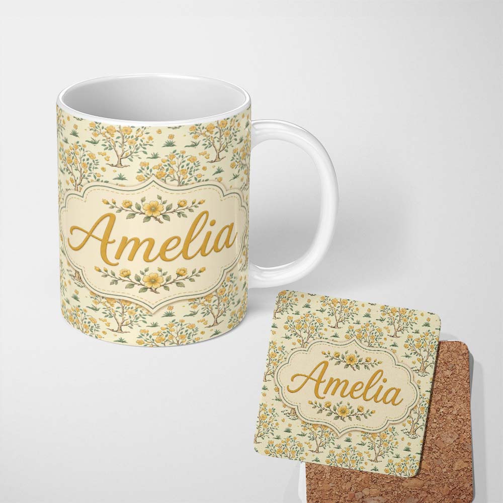Personalized Custom Name Vintage Floral Tree Design with Yellow Blossoms on Cream Background 11oz Ceramic Coffee Tea Mug White Large Handle