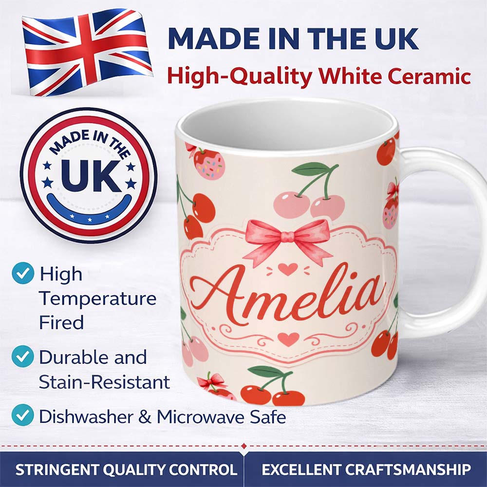 Personalized Custom Name Cute Cherry Fruit with Bow and Sprinkles Seamless Pattern Warm Beige 11oz Ceramic Coffee Tea Mug White Large Handle