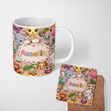 Personalized Custom Name Cute Cartoon Jungle Safari Animals Seamless Pattern on Peach Lovely 11oz Ceramic Coffee Tea Mug White Large Handle