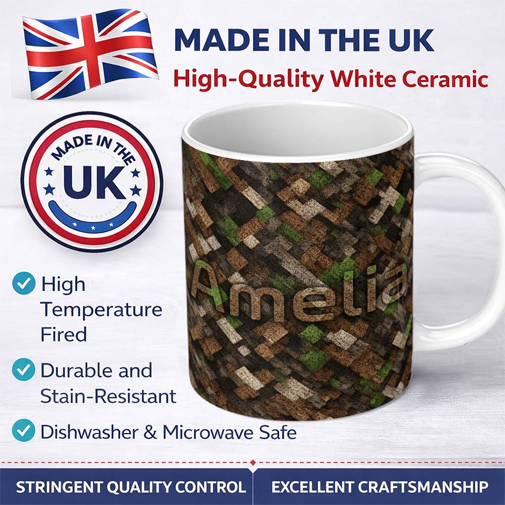 Personalized Custom Name Brown Green Camouflage Pixel Abstract Seamless Pattern Lovely 11oz Ceramic Coffee Tea Mug White Large Handle