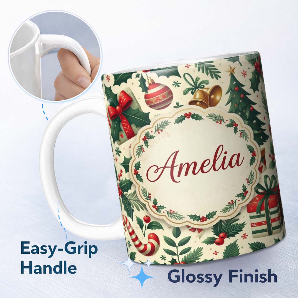 Personalized Custom Name Festive Christmas Stocking Gifts Bells Holly Leaves Seamless Pattern 11oz Ceramic Coffee Tea Mug White Large Handle