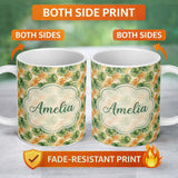 Personalized Custom Name Green and Warm Orange Tropical Monstera Leaves Seamless Pattern 11oz Ceramic Coffee Tea Mug White Large Handle