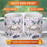Personalized Custom Name Cute Watercolor Bats and Stars Seamless Pattern Pastel Lilac Lovely 11oz Ceramic Coffee Tea Mug White Large Handle