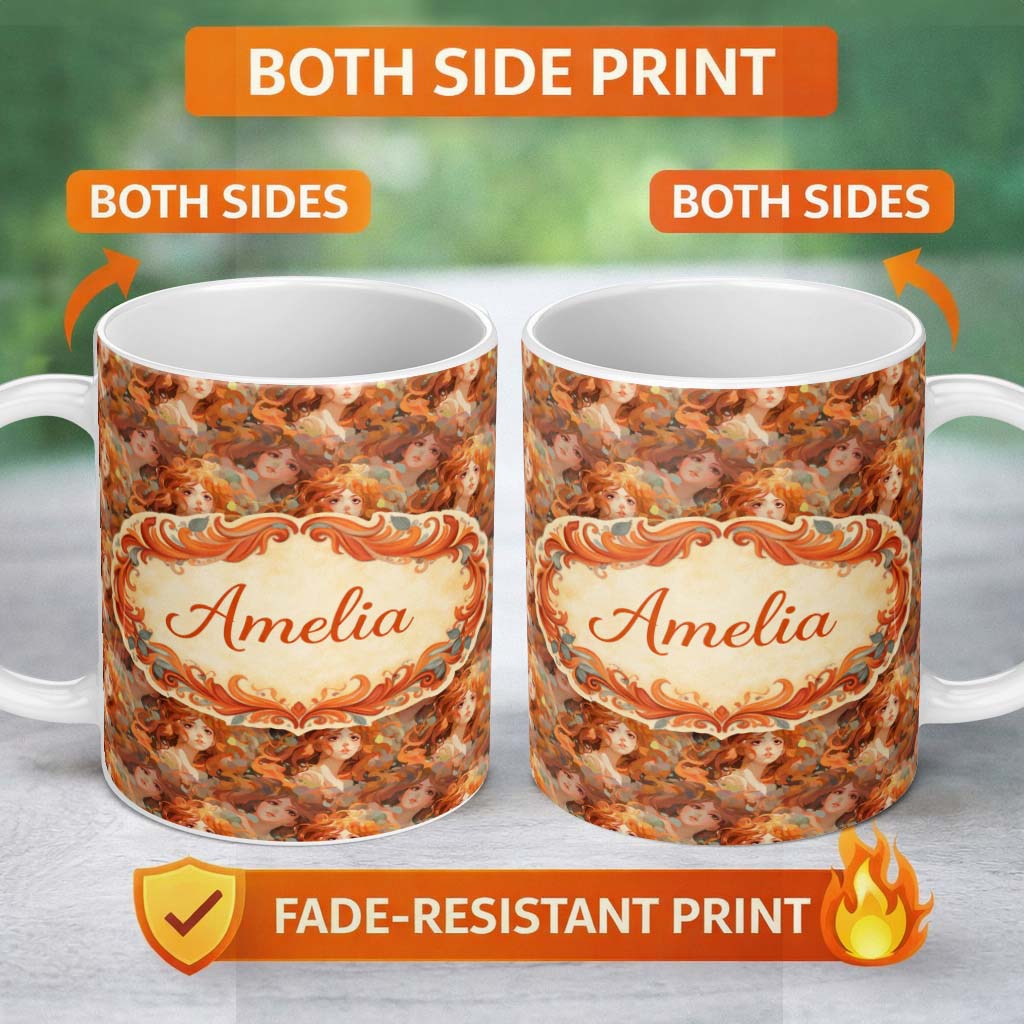 Personalized Custom Name Abstract Woman Portrait Flowing Hair Artistic Pattern Lovely 11oz Ceramic Coffee Tea Mug White Large Handle