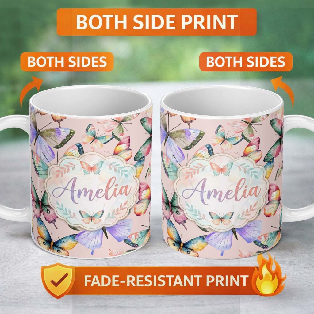 Personalized Custom Name Pastel Watercolor Butterflies Blush Pink Background Seamless Pattern 11oz Ceramic Coffee Tea Mug White Large Handle