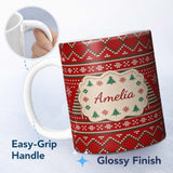 Personalized Custom Name Christmas Tree Heart Knit Pattern Red Green White Nordic Festive 11oz Ceramic Coffee Tea Mug White Large Handle