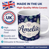 Personalized Custom Name Elegant Winter Snowflakes and Christmas Trees Dark Blue Seamless 11oz Ceramic Coffee Tea Mug White Large Handle