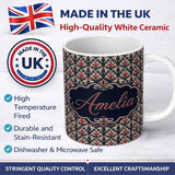 Personalized Custom Name Classic Vintage Red and Navy Damask Ornamental Seamless Pattern 11oz Ceramic Coffee Tea Mug White Large Handle