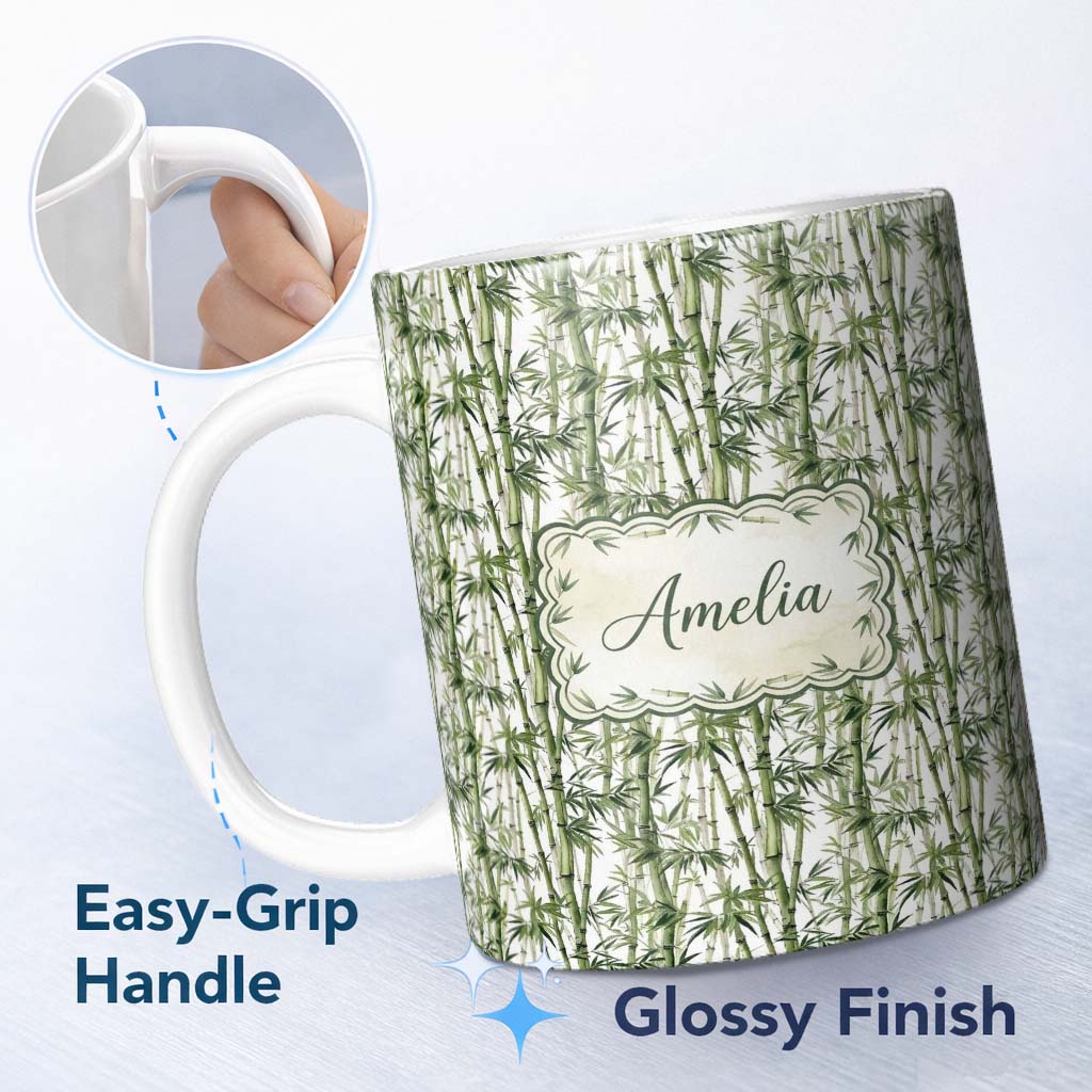 Personalized Custom Name Realistic Green Bamboo Stems Dense Jungle Seamless Pattern Lovely 11oz Ceramic Coffee Tea Mug White Large Handle