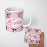 Personalized Custom Name Cute Koala Bears with Stars Rose Pink Background Seamless Pattern 11oz Ceramic Coffee Tea Mug White Large Handle