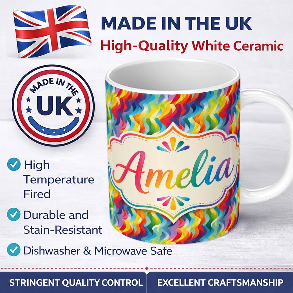 Personalized Custom Name Horizontal Rainbow Ripple Wave Lines Seamless Pattern Lovely 11oz Ceramic Coffee Tea Mug White Large Handle
