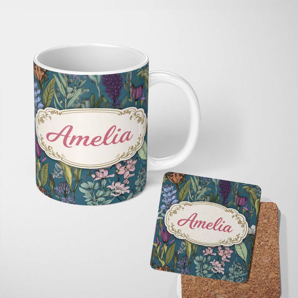 Personalized Custom Name Elegant Botanical Floral Line Art Green Background Seamless Pattern 11oz Ceramic Coffee Tea Mug White Large Handle