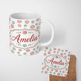 Personalized Custom Name Watercolor Peppermint Candy Red Green Holiday Seamless Pattern 11oz Ceramic Coffee Tea Mug White Large Handle
