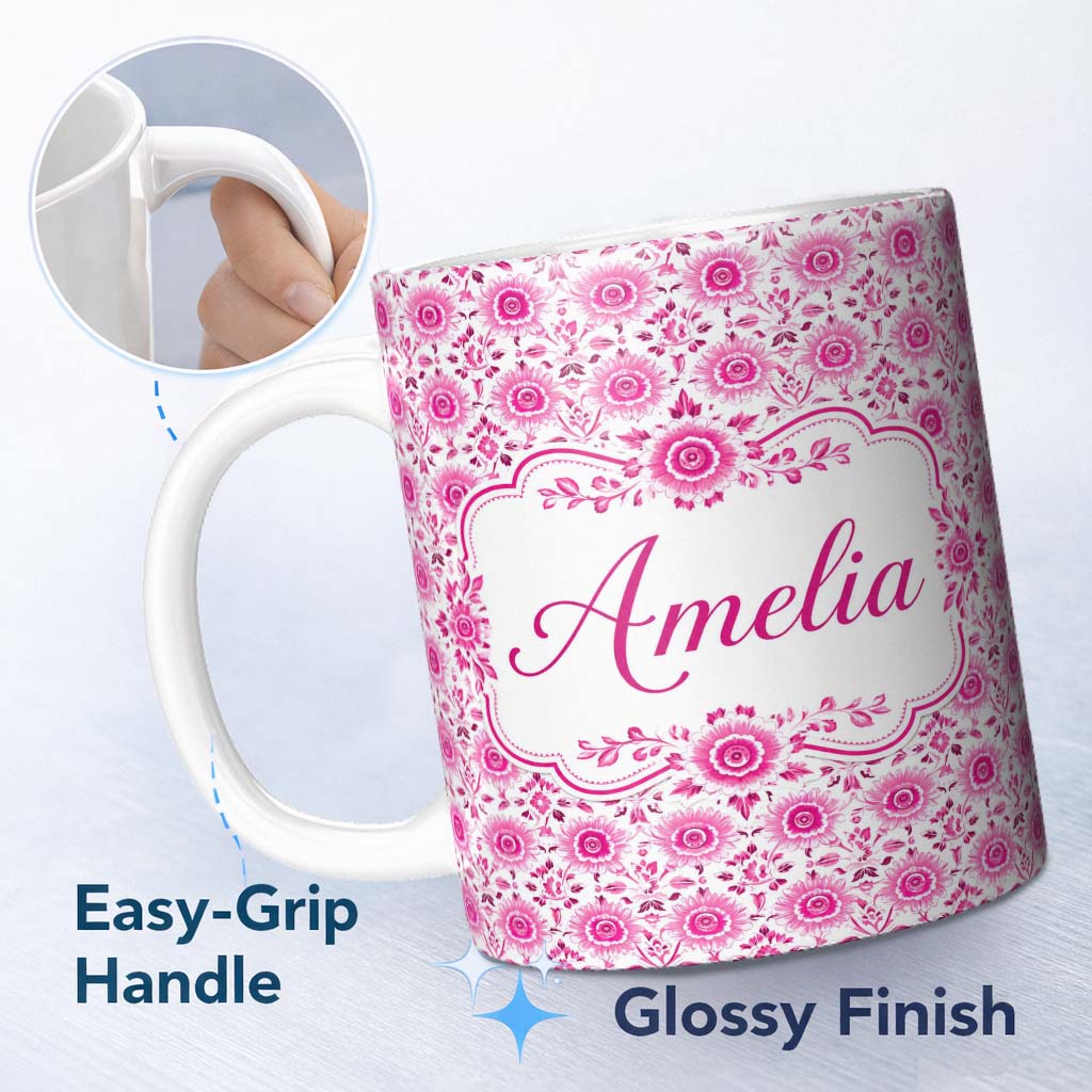 Personalized Custom Name Bright Pink Floral Folk Art Pattern with Decorative Blossoms Lovely 11oz Ceramic Coffee Tea Mug White Large Handle